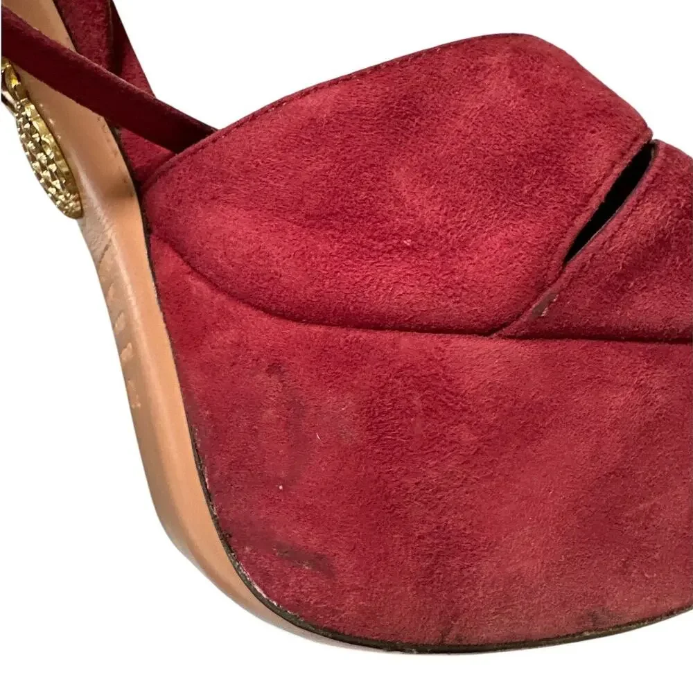 Aquazzura Mira Red Suede Platform Heels IT 37.5 US 7.5 Block Slingback Sandals